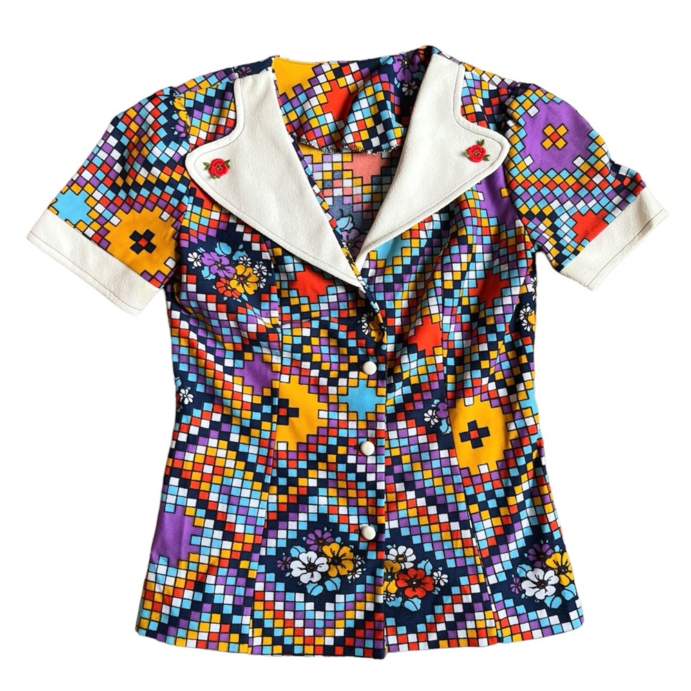 Vintage 60s Mod Colorful Floral Geometric Wide Collar Button Up Shirt - Picture 10 of 13